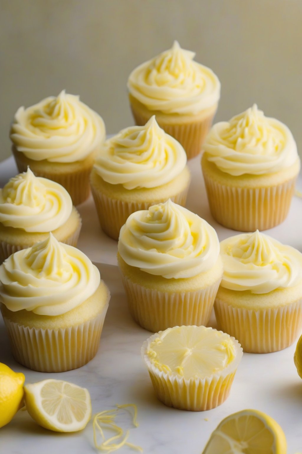 A high-resolution photo of lemon smooth buttercream piped on lemon cupcakes under soft lighting.