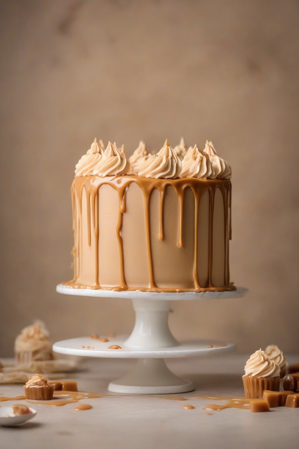 A high-resolution photo of salted caramel smooth buttercream on a caramel drip cake under soft lighting.