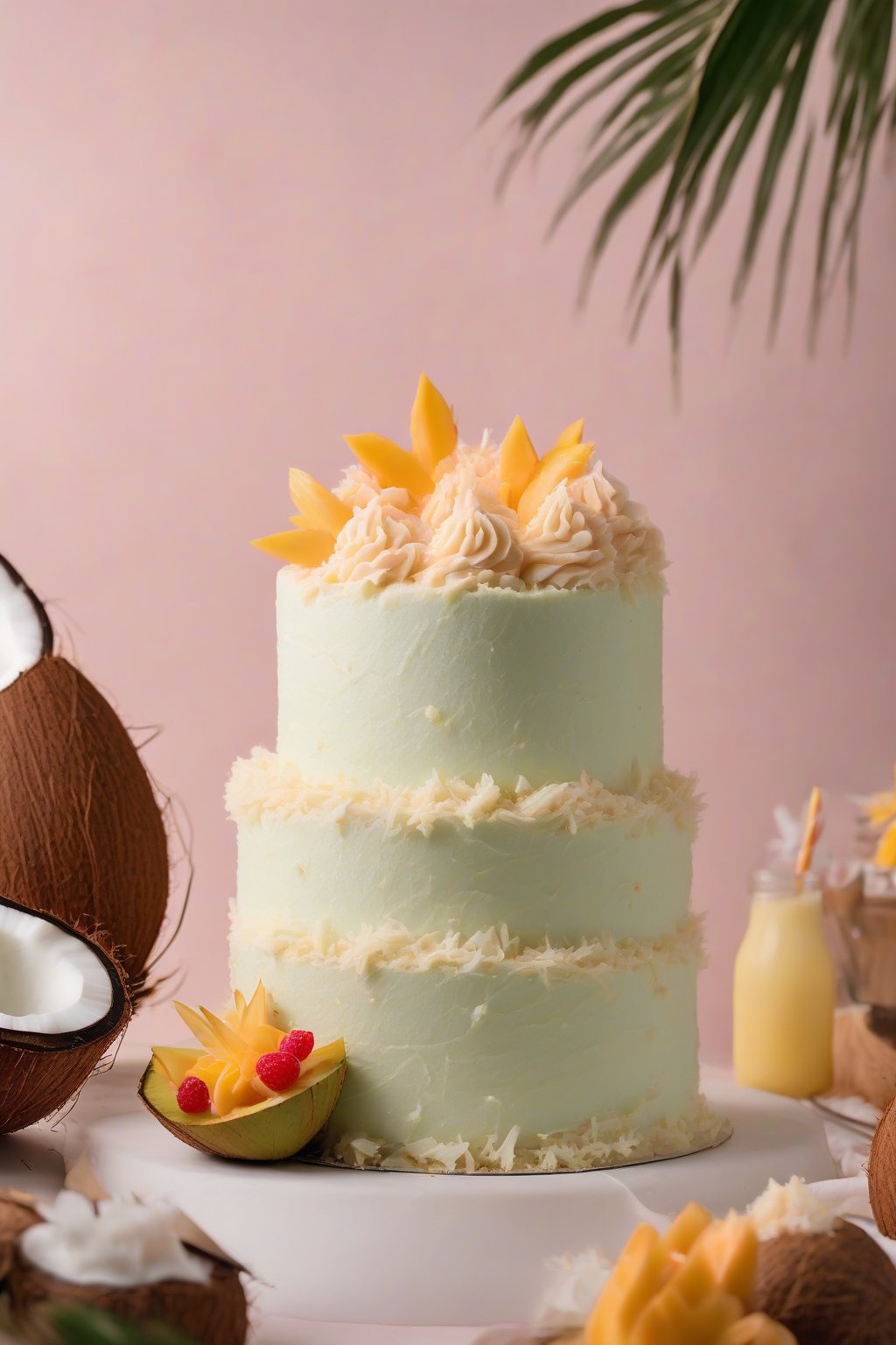 A high-resolution photo of coconut smooth buttercream frosting a tropical cake under soft lighting.