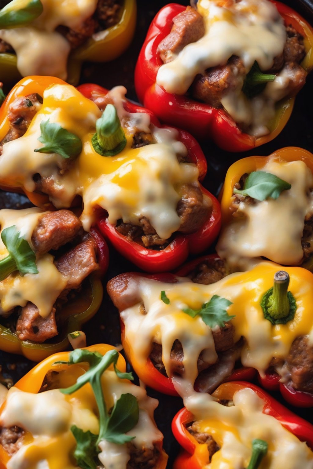 A close-up photo of apple and sausage stuffed bell peppers with melted cheddar under soft lighting.