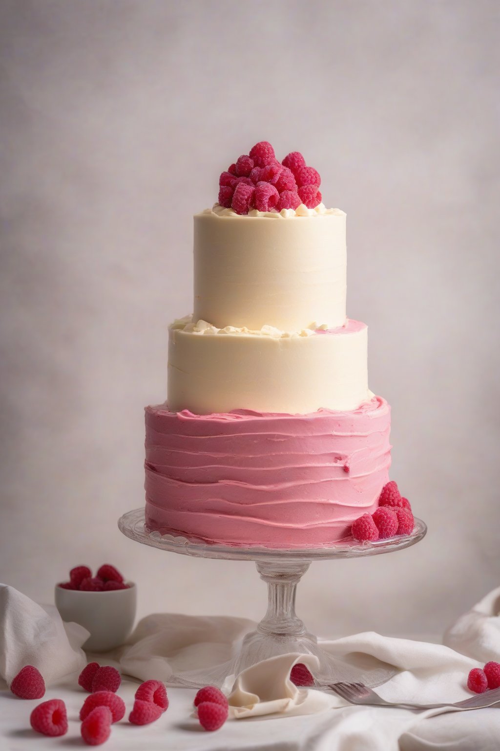 A high-resolution photo of raspberry smooth buttercream on a white chocolate cake under soft lighting.