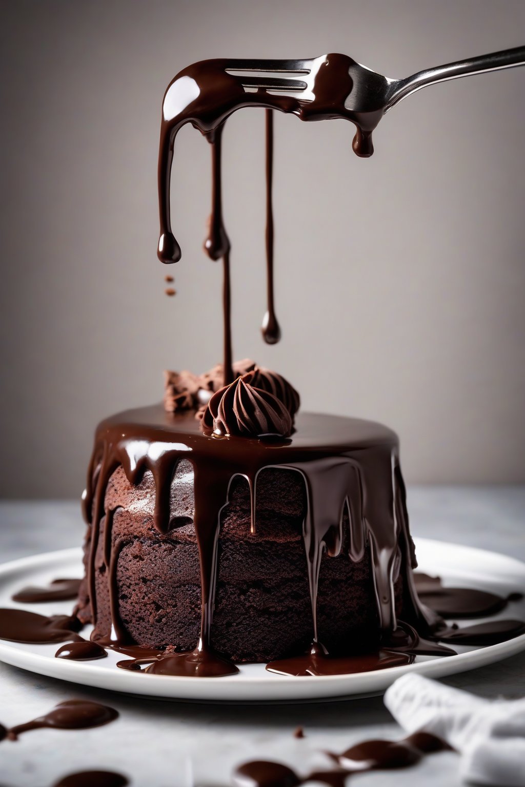 A high-resolution photo of glossy dark chocolate ganache dripping over a chocolate cake under soft lighting.
