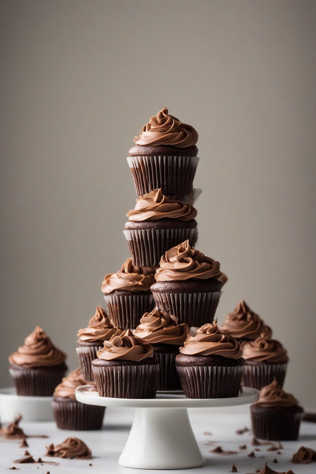 A high-resolution photo of smooth milk chocolate ganache frosting a stack of cupcakes under soft lighting.