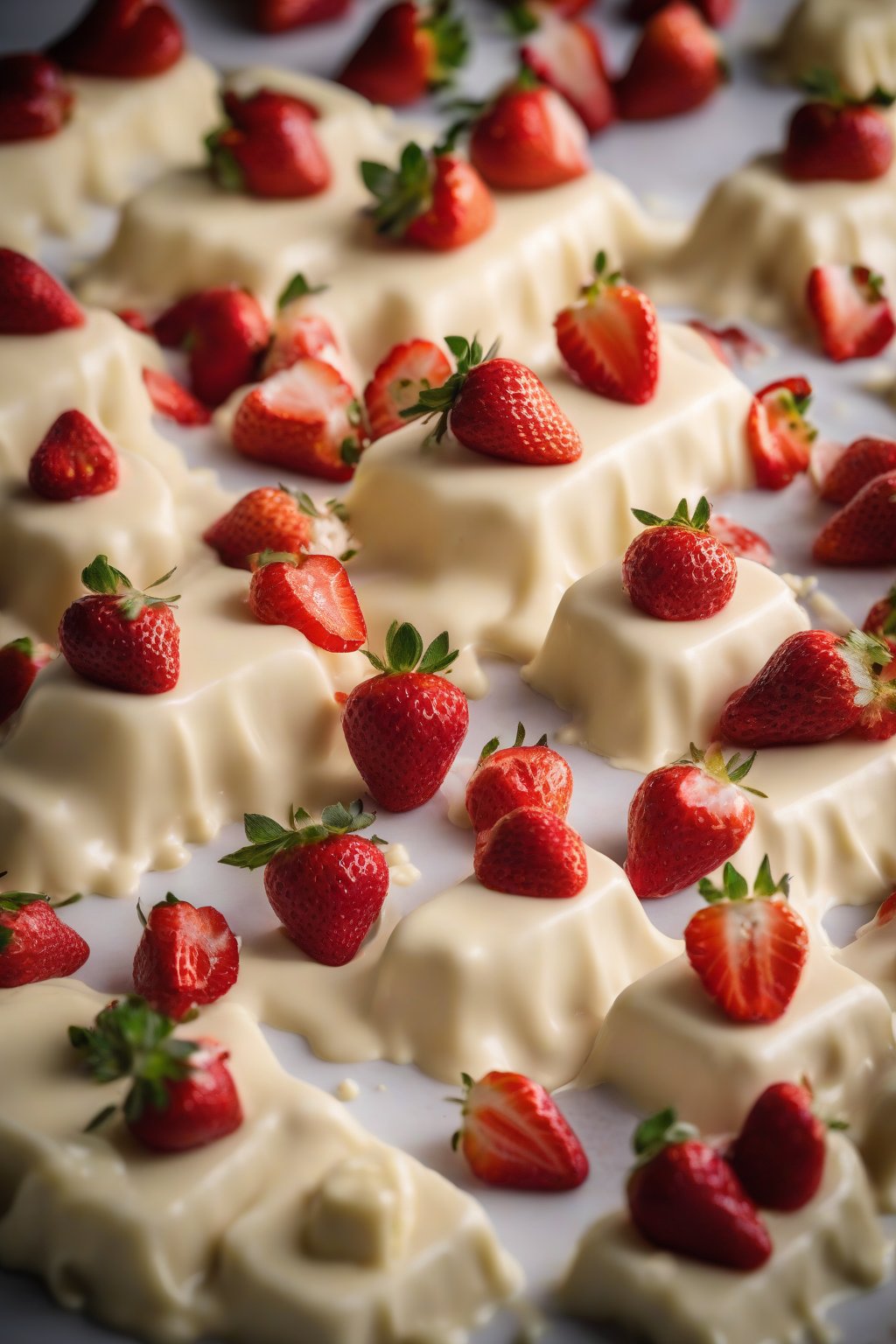 A high-resolution photo of white chocolate ganache cascading over fresh strawberries under soft lighting.