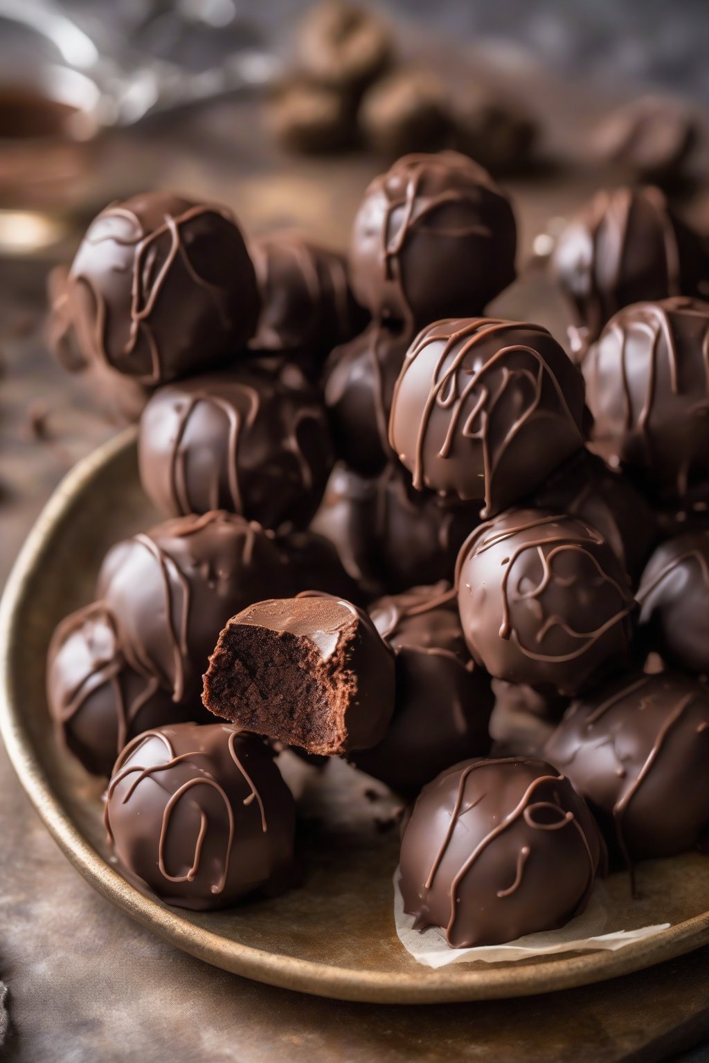 A high-resolution photo of vegan chocolate ganache coating truffles on a rustic plate under soft lighting.