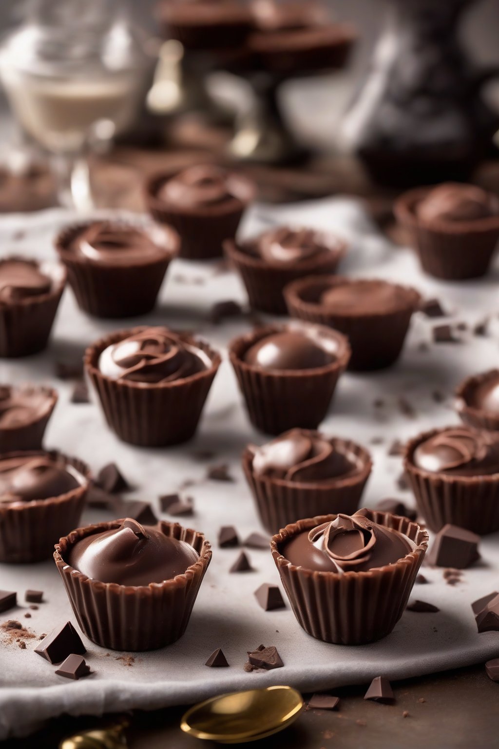 A high-resolution photo of Baileys ganache-filled chocolate cups garnished with cocoa under soft lighting.