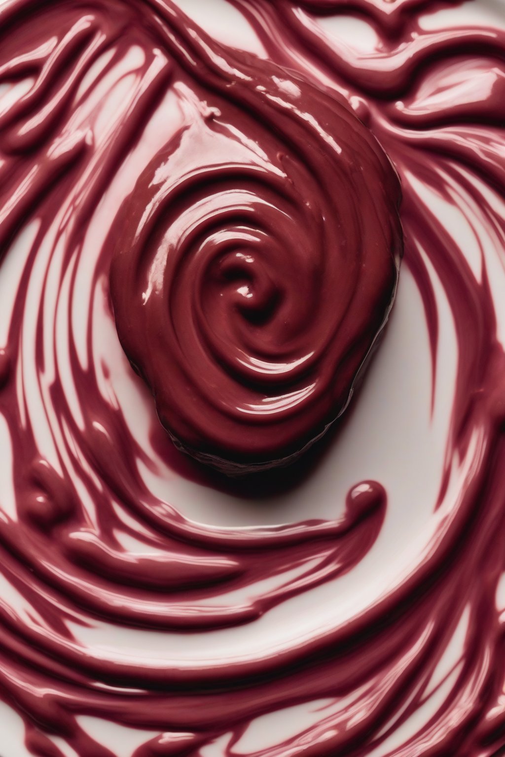 A high-resolution photo of raspberry chocolate ganache swirling on a white plate under soft lighting.