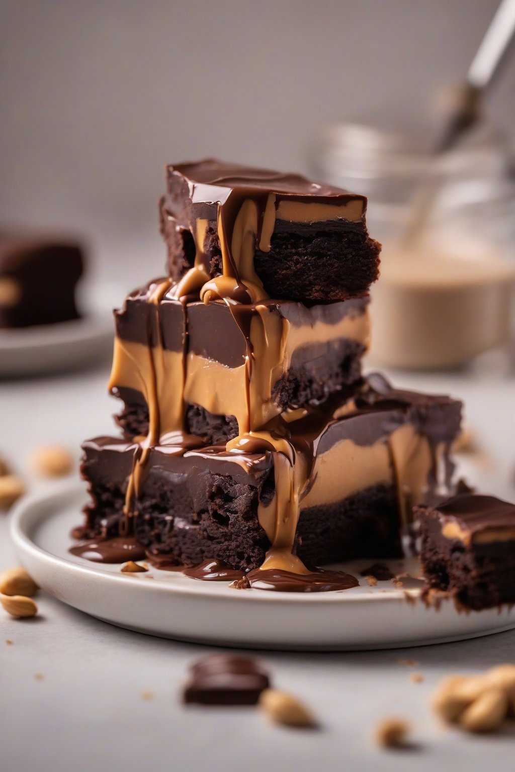 A high-resolution photo of peanut butter ganache oozing from a layered brownie under soft lighting.