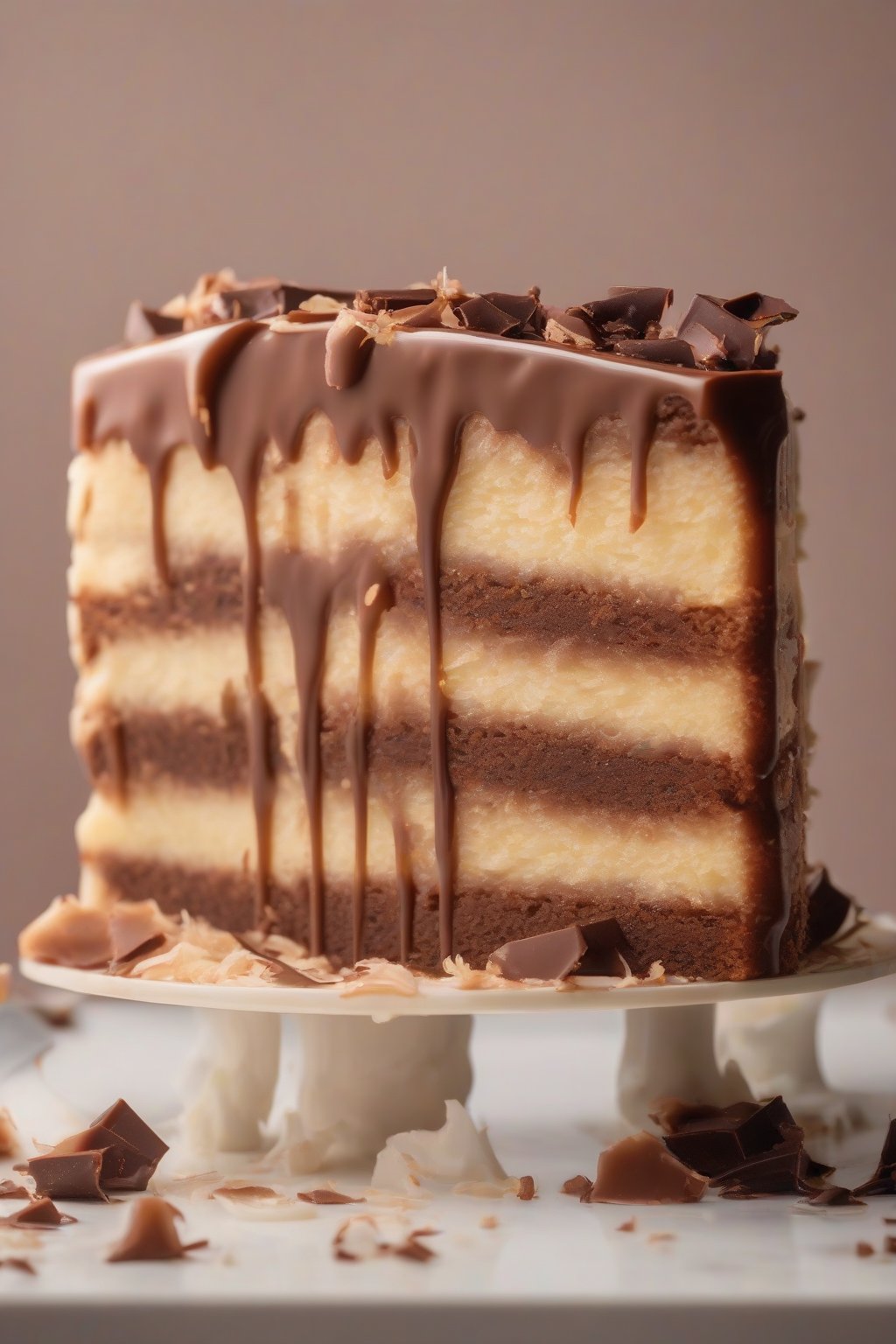 A high-resolution photo of coconut ganache glazing a tropical cake slice under soft lighting.