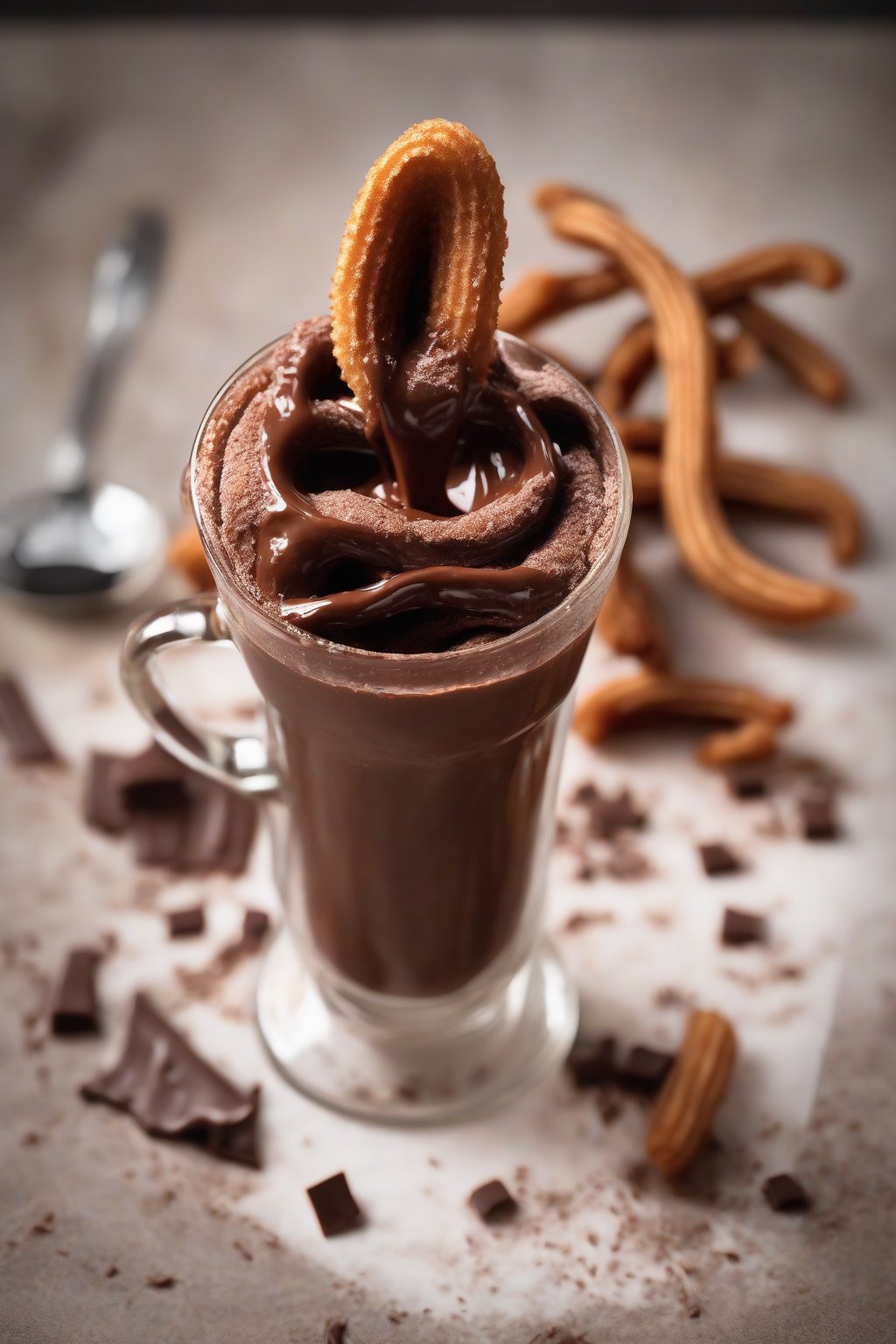 A high-resolution photo of chili chocolate ganache poured over churros under soft lighting.
