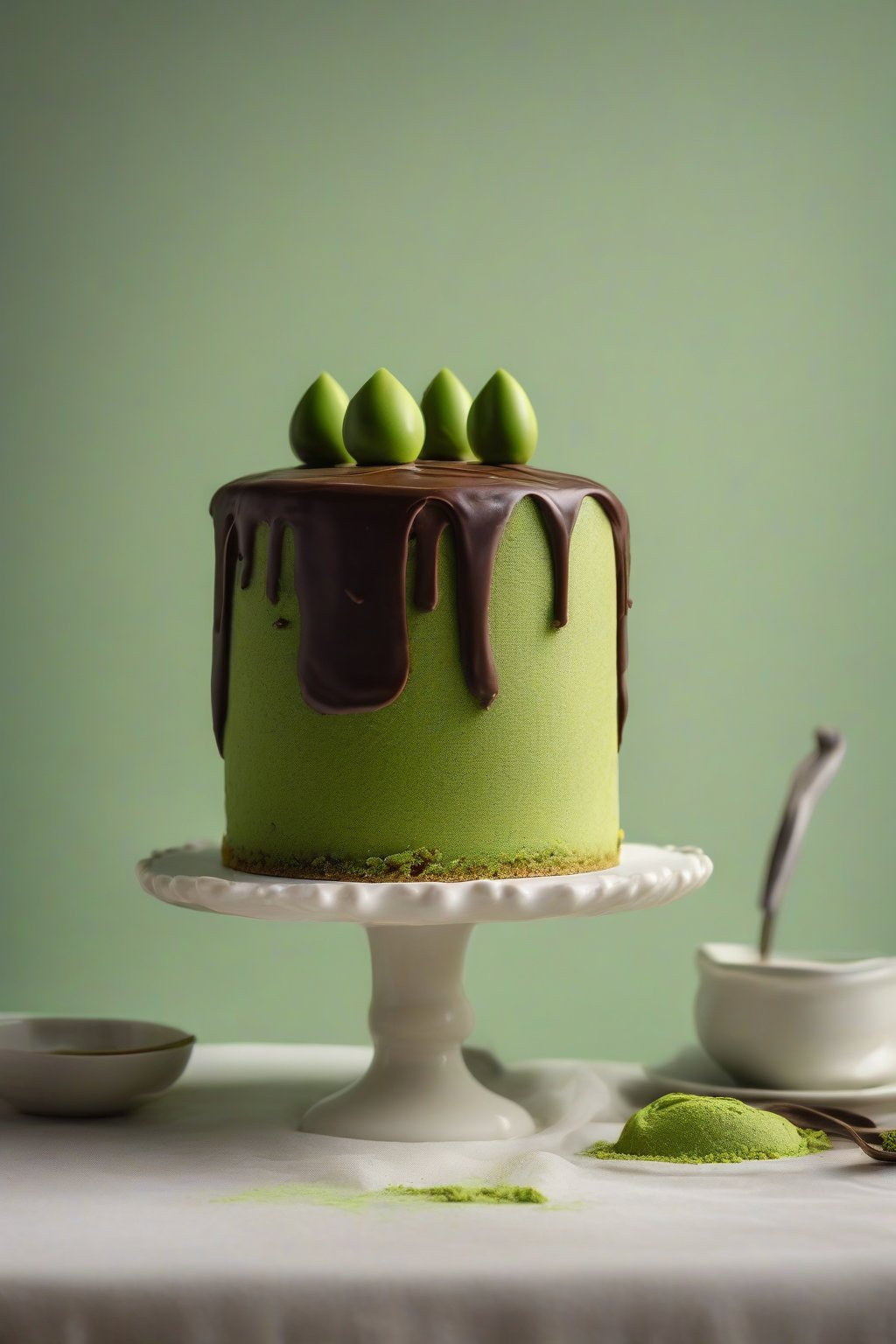 A high-resolution photo of matcha chocolate ganache on green tea cake under soft lighting.