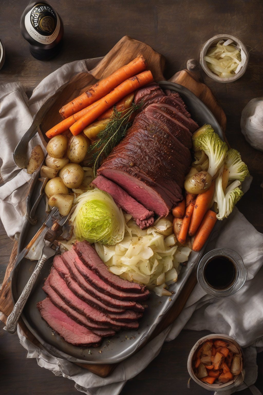 A high-resolution photo of Guinness-glazed corned beef surrounded by tender cabbage and root veggies under soft lighting.