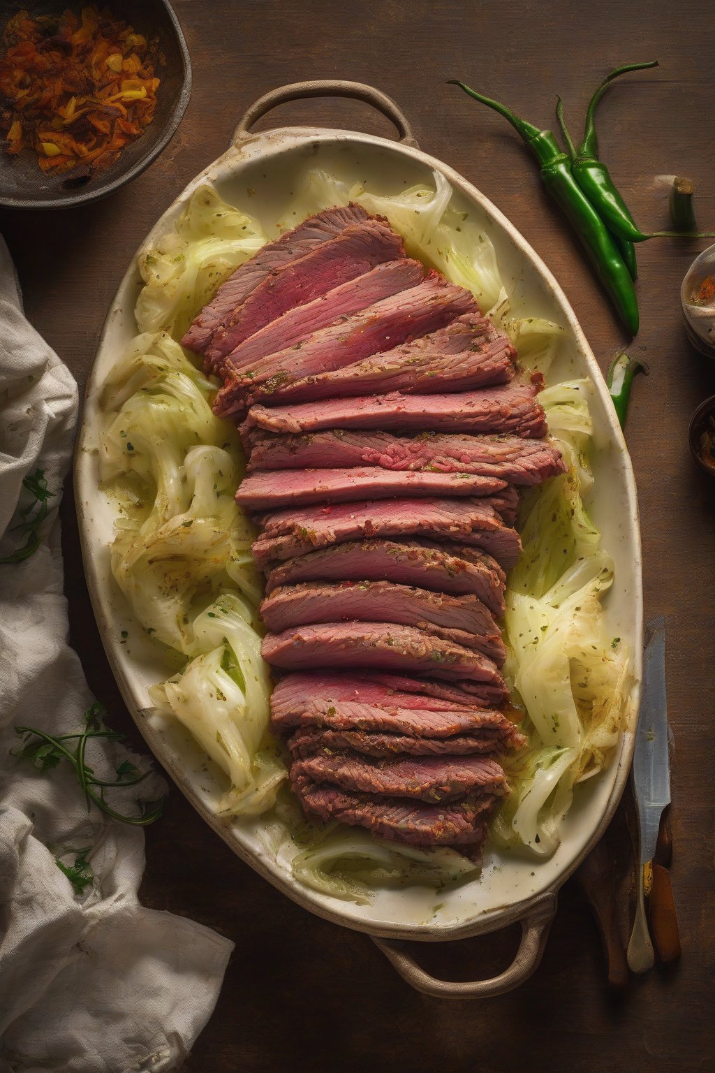 A high-resolution photo of spicy jalapeño-flecked corned beef and cabbage steaming on a rustic plate under soft lighting.