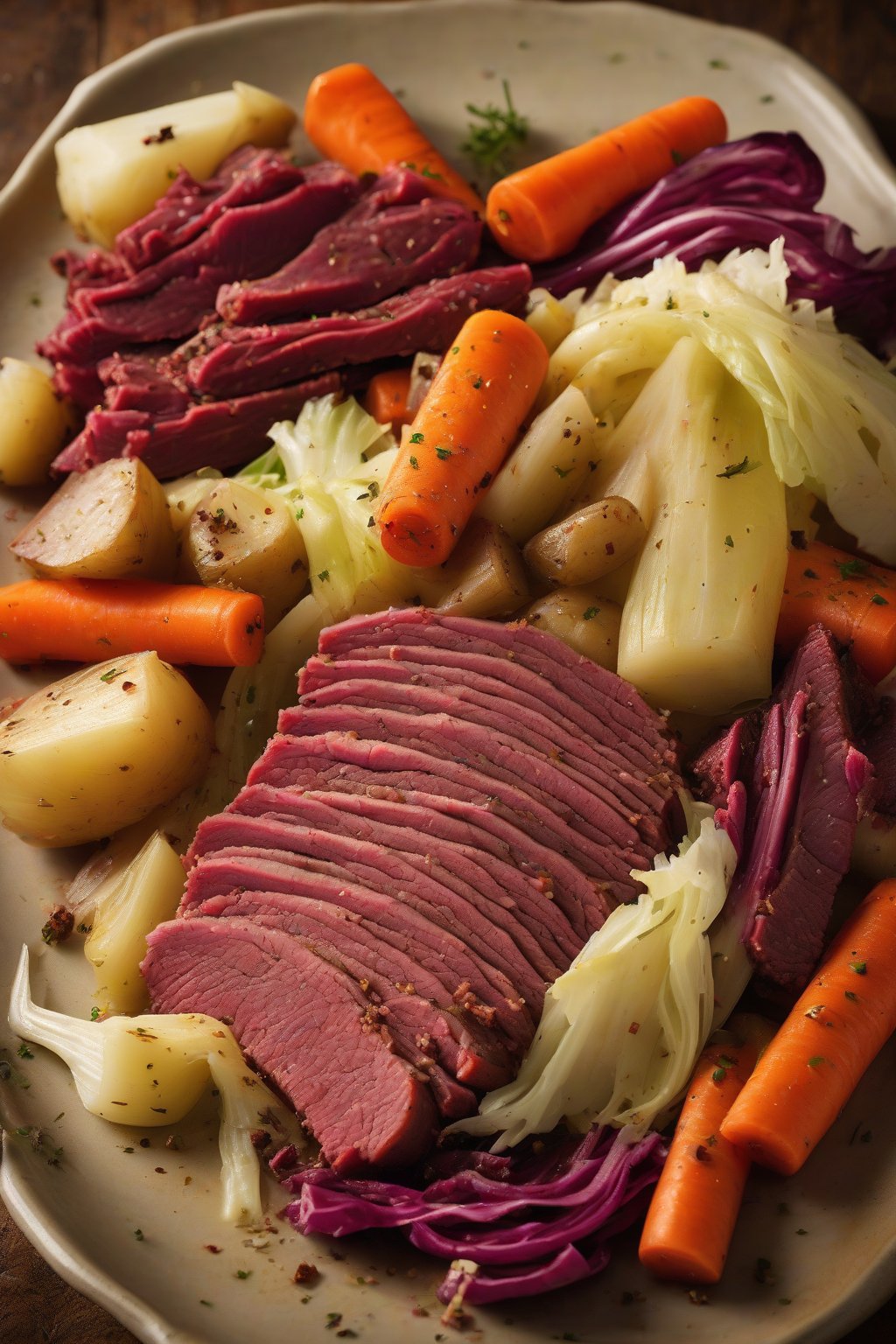 A high-resolution photo of corned beef atop a colorful root vegetable and cabbage medley under soft lighting.