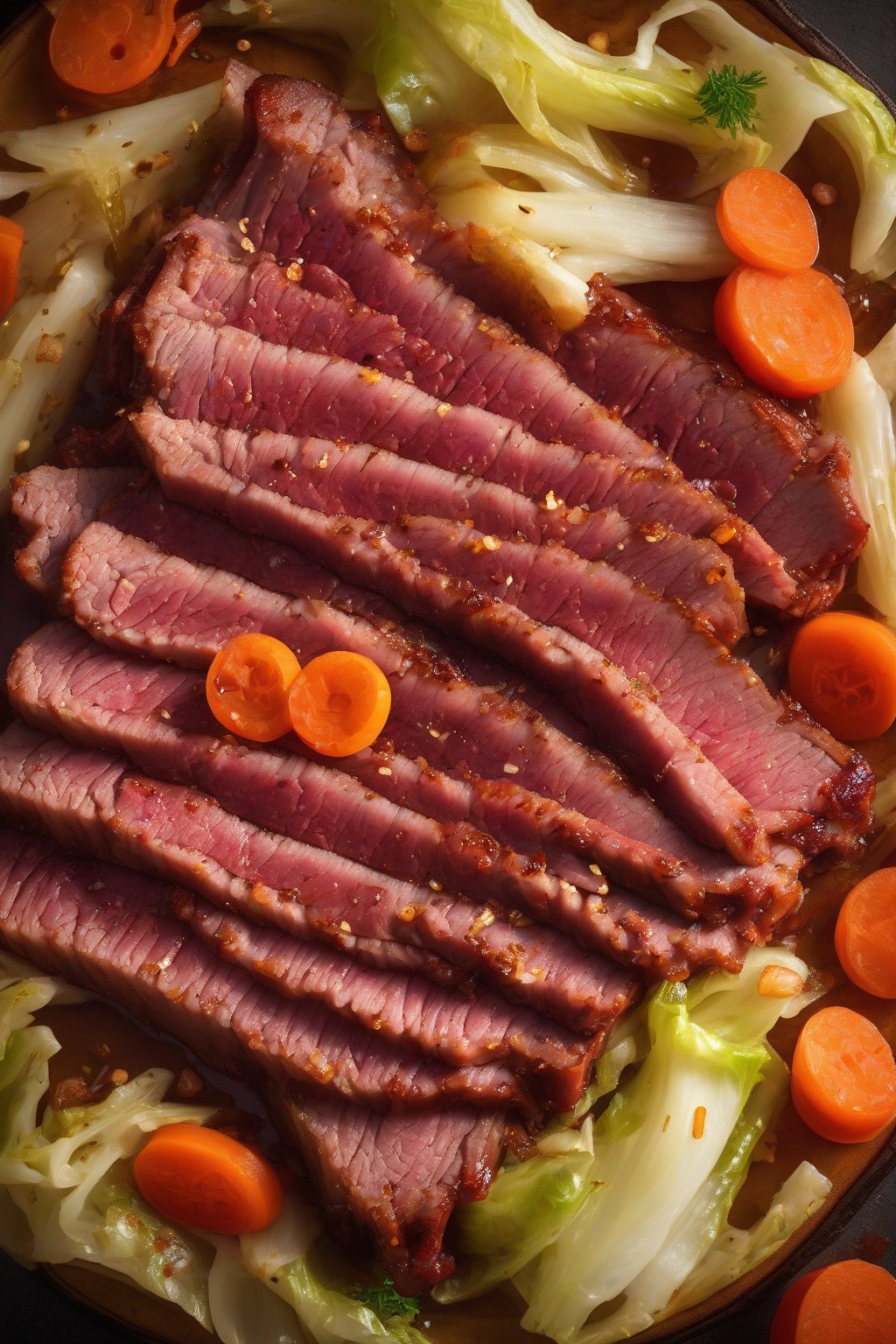 A high-resolution photo of glossy honey-glazed corned beef slices with cabbage and carrots under soft lighting.