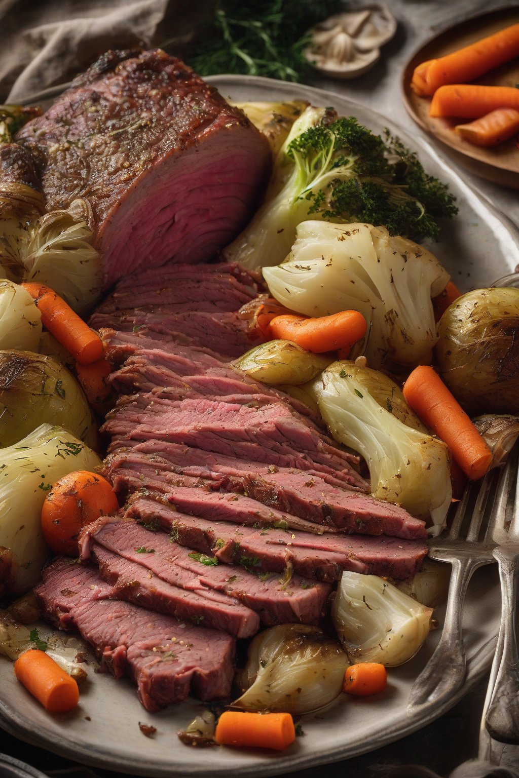 A high-resolution photo of herb-flecked corned beef and cabbage with garlic-infused veggies under soft lighting.