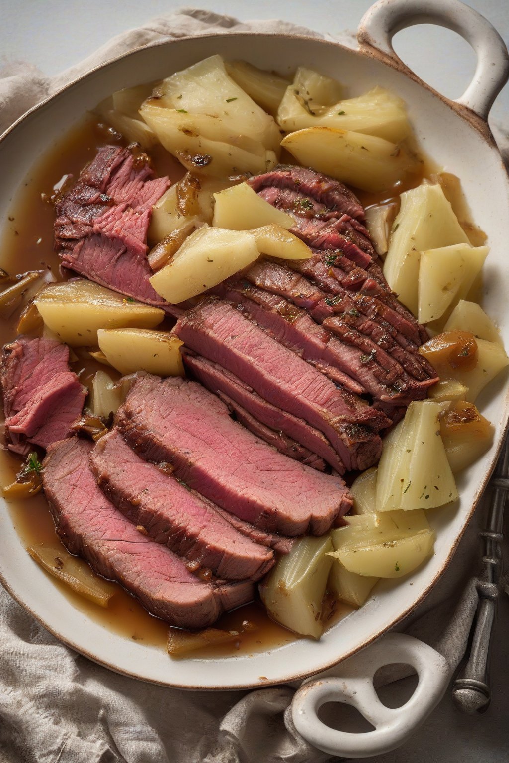 A high-resolution photo of apple cider-braised corned beef and cabbage with apple slices under soft lighting.