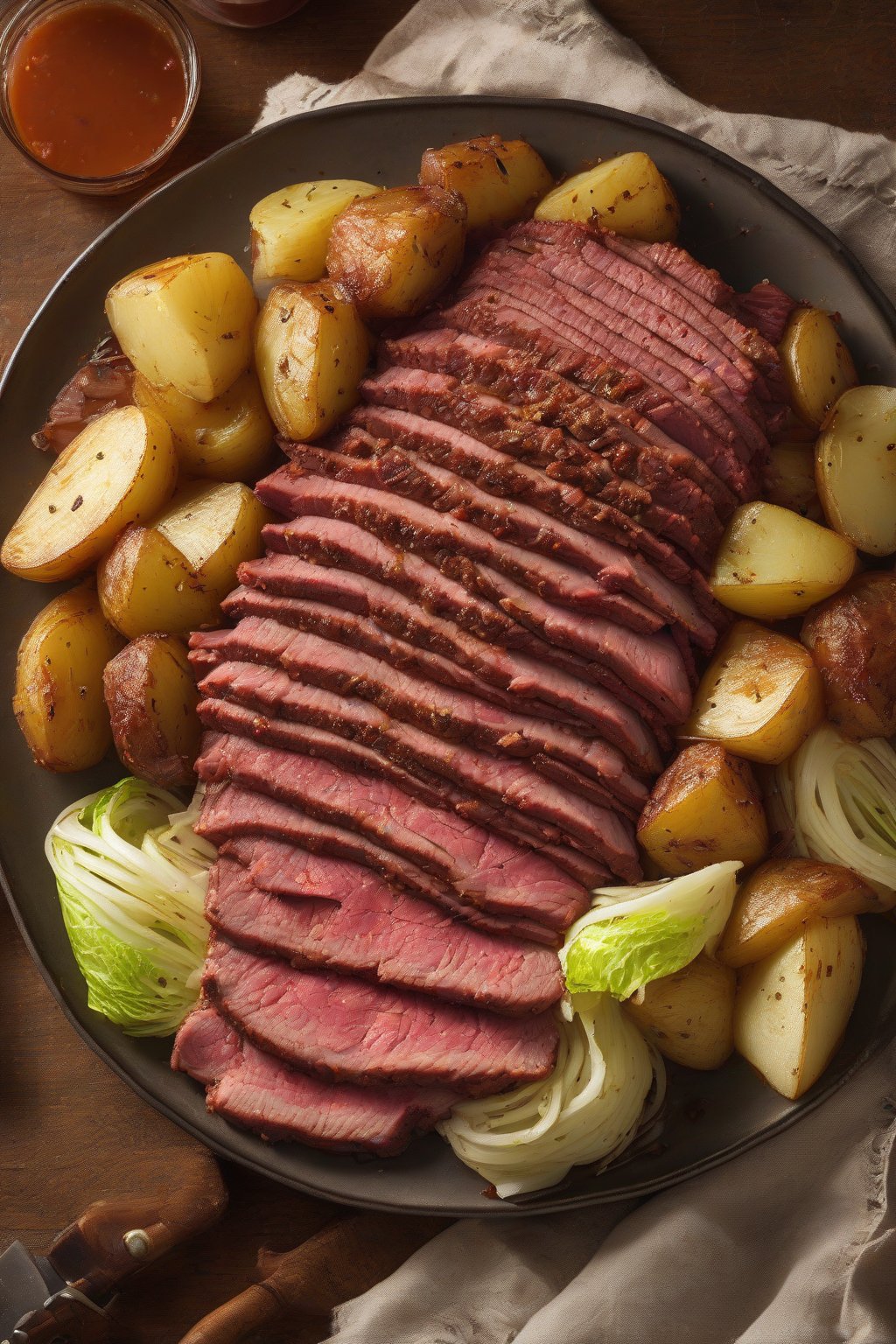 A high-resolution photo of BBQ-sauced corned beef piled with cabbage and potatoes under soft lighting.