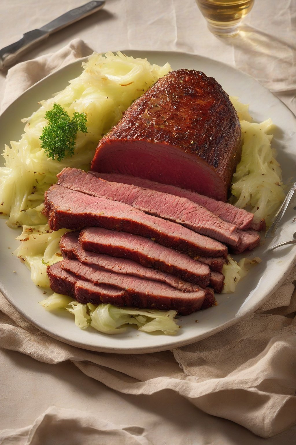 A high-resolution photo of Dijon-glazed corned beef served with mustardy cabbage under soft lighting.
