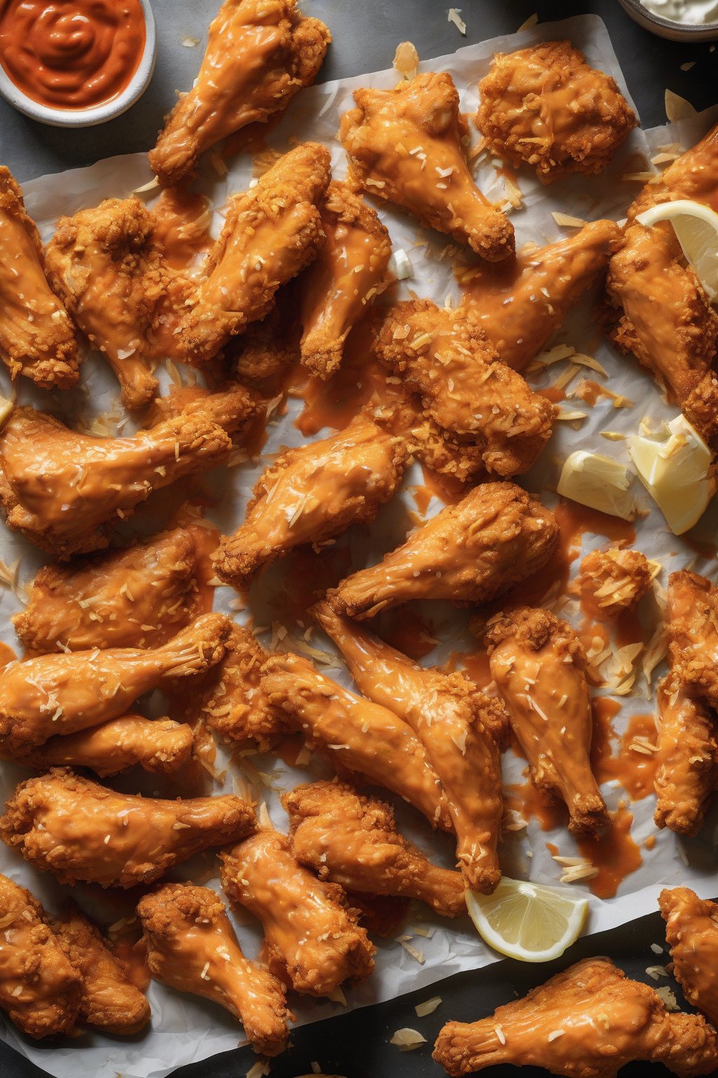 A high-resolution photo of baked wings tossed in creamy garlic Buffalo sauce, topped with golden Parmesan crisps under soft lighting.