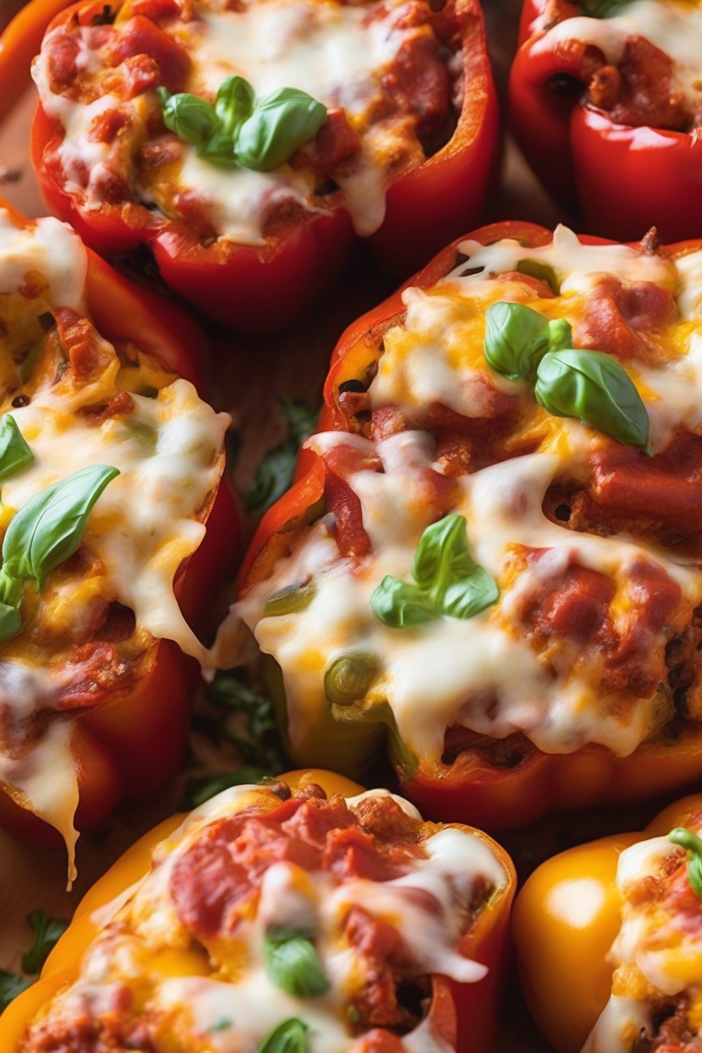 A close-up photo of cheesy pizza stuffed bell peppers with pepperoni under soft lighting.