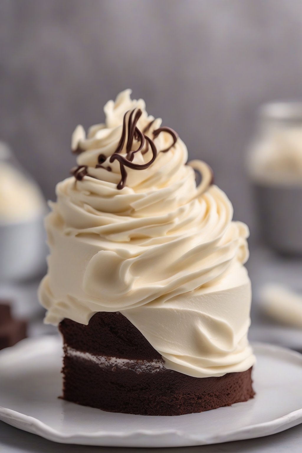 A high-resolution photo of a swirl of silky classic vanilla buttercream on a chocolate cake slice under soft lighting.