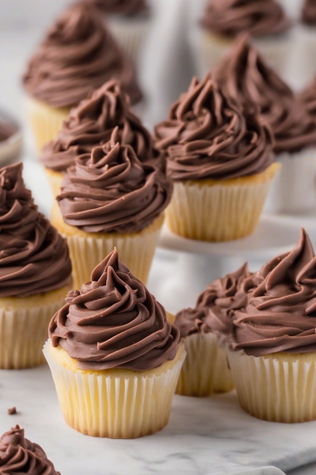 A high-resolution photo of decadent chocolate buttercream frosting piped on vanilla cupcakes under soft lighting.