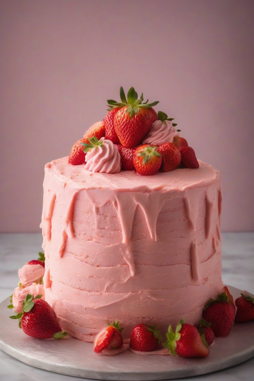 A high-resolution photo of zesty strawberry buttercream covering a layer cake under soft lighting.