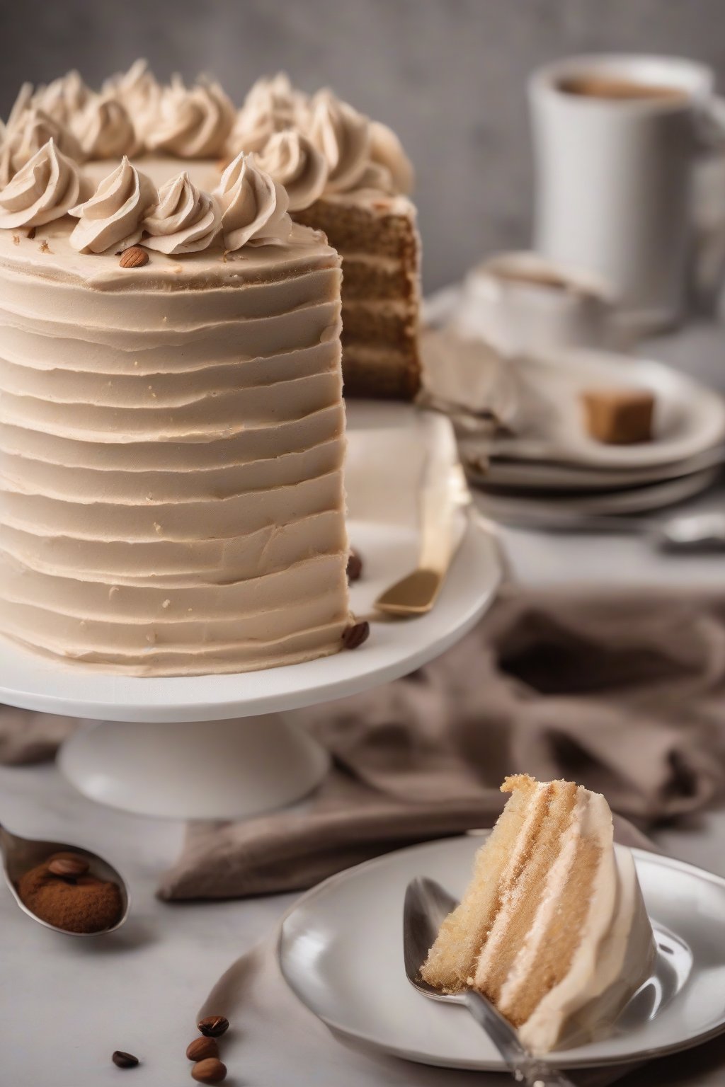 A high-resolution photo of robust coffee espresso buttercream on an almond cake under soft lighting.