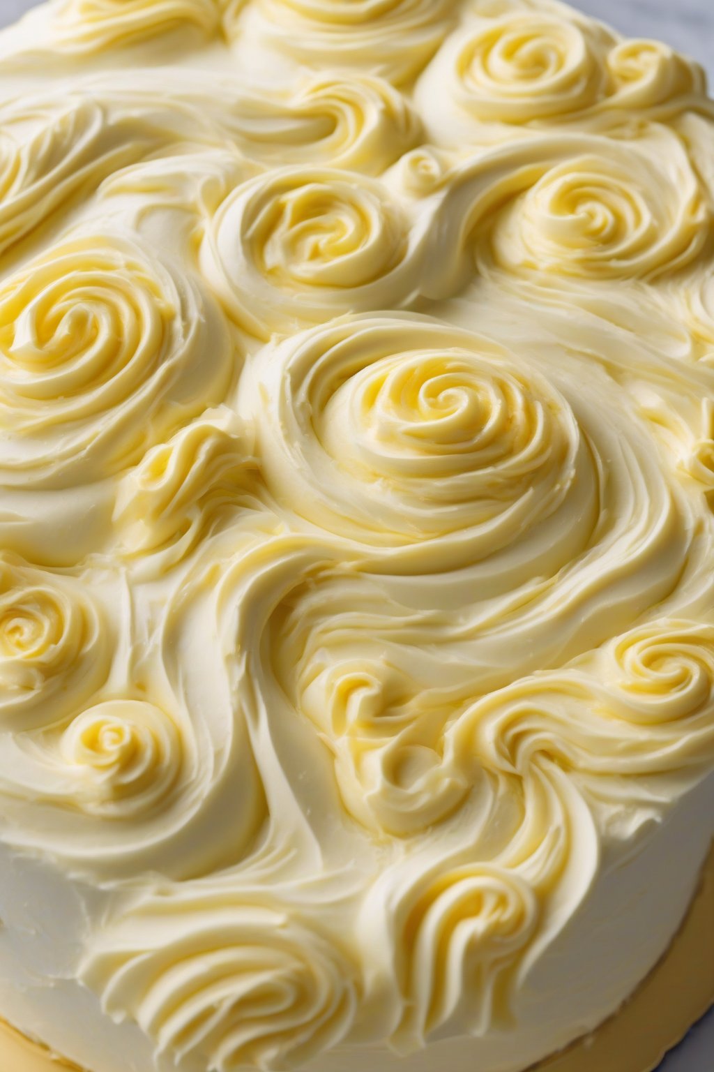 A high-resolution photo of tangy lemon buttercream swirls on a white cake under soft lighting.