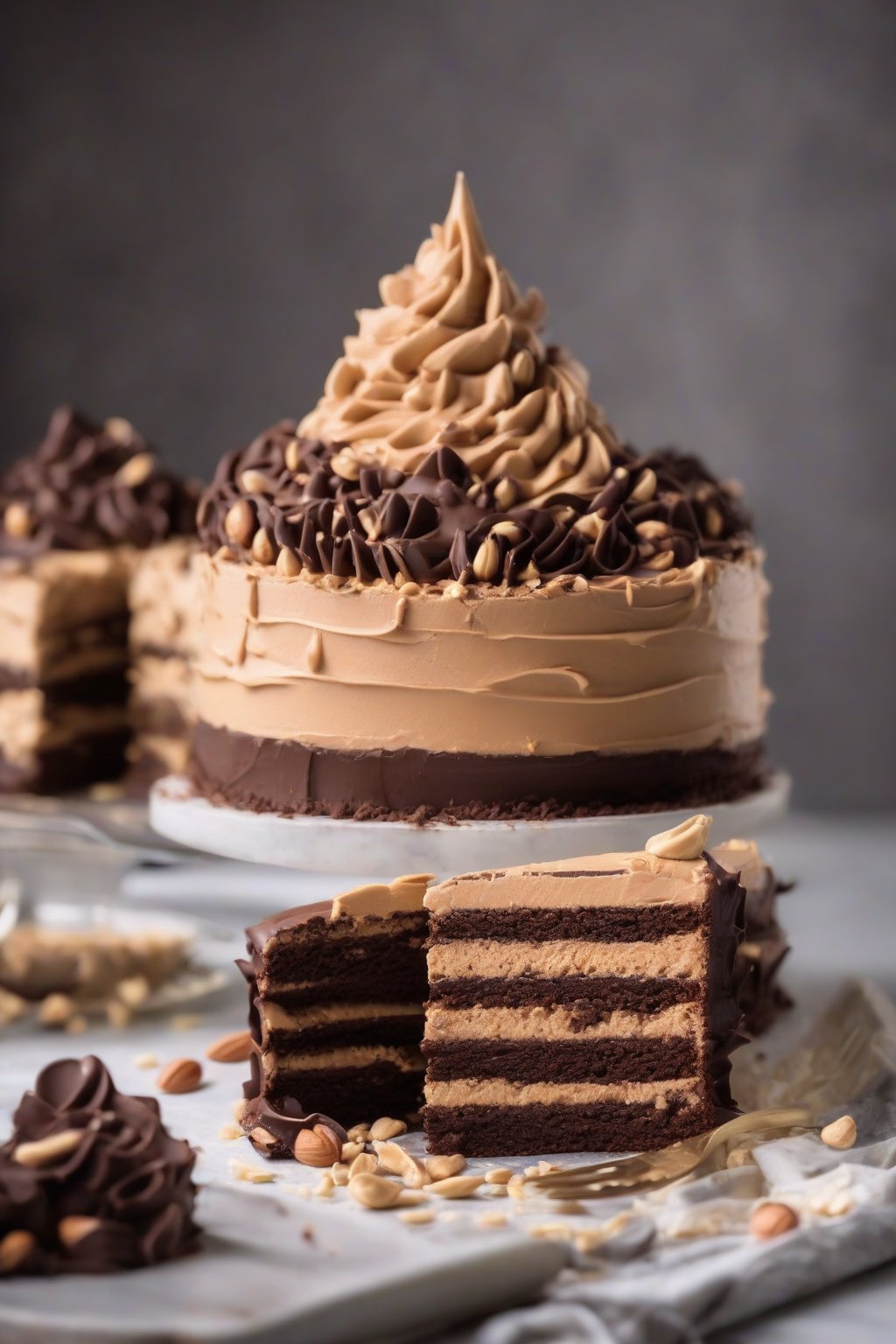 A high-resolution photo of nutty peanut butter buttercream on a chocolate layer cake under soft lighting.