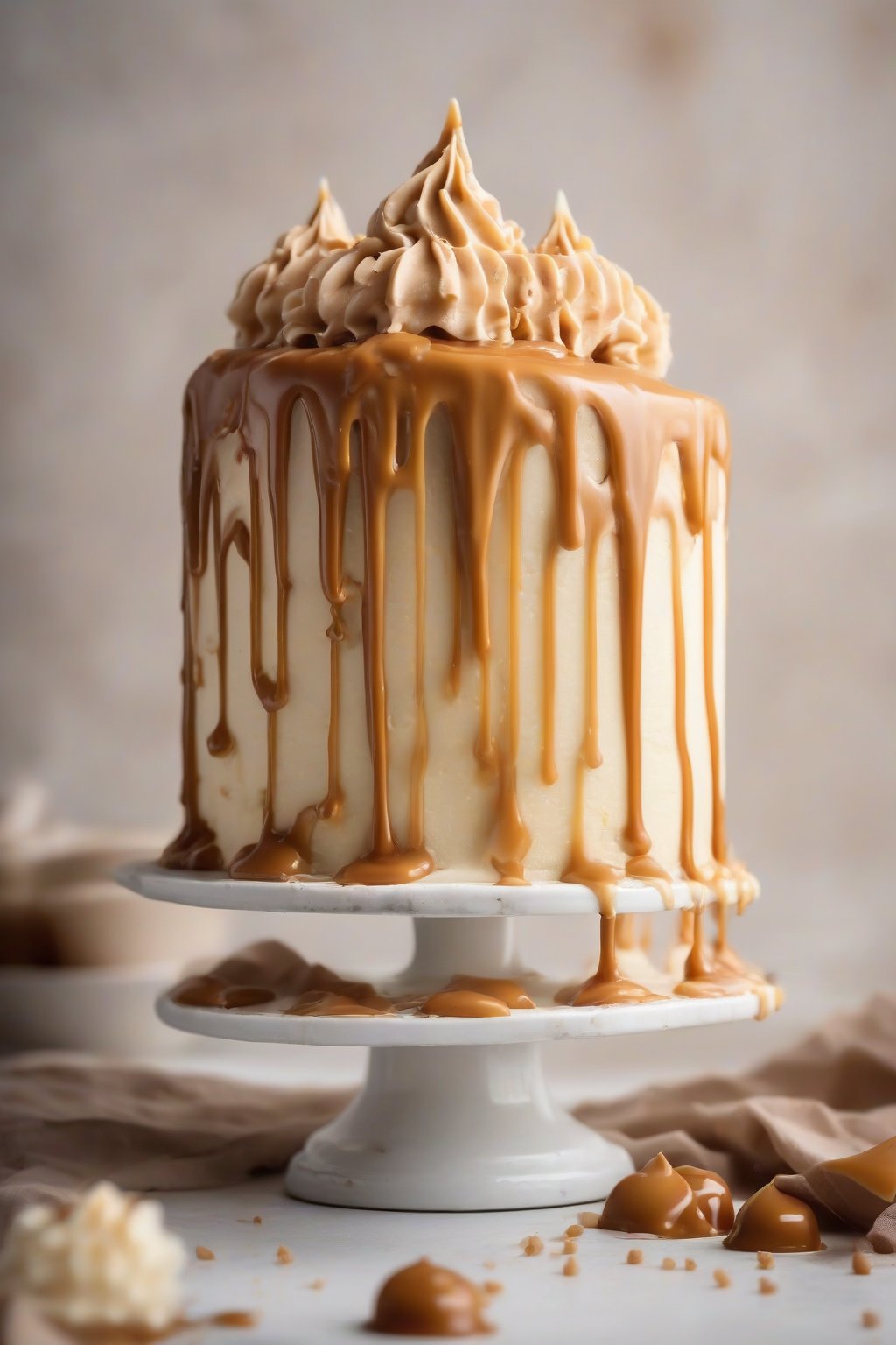A high-resolution photo of salty caramel buttercream dripping over a vanilla cake under soft lighting.