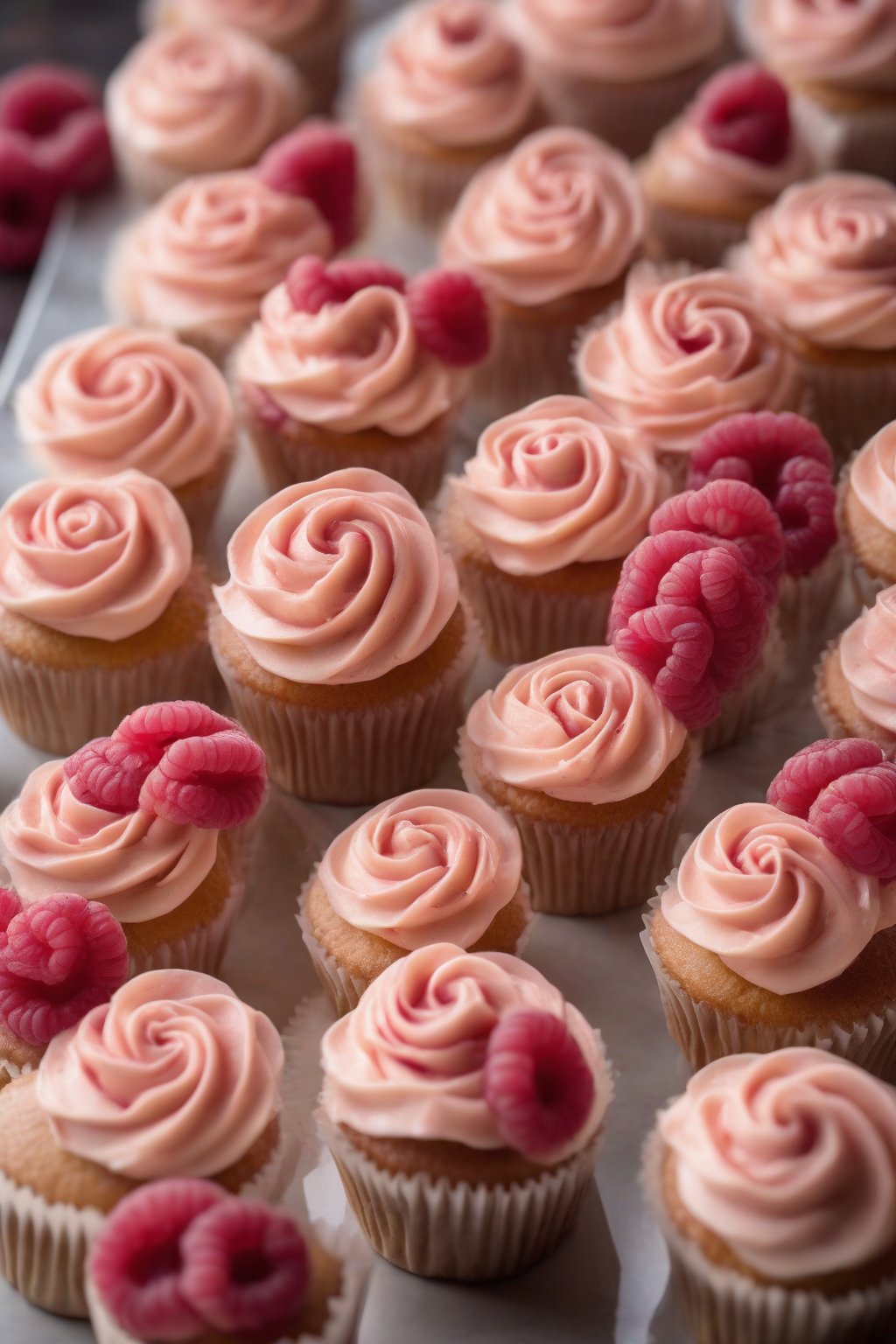 A high-resolution photo of tart raspberry buttercream rosettes on cupcakes under soft lighting.