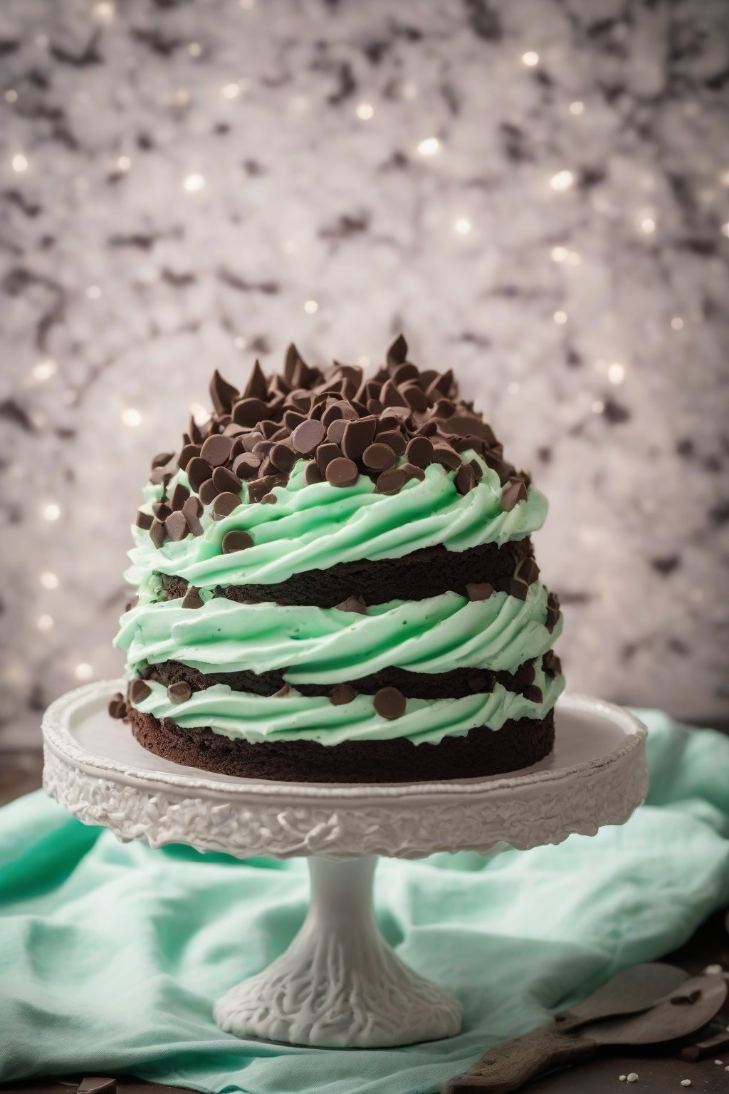 A high-resolution photo of minty fresh chocolate chip buttercream on a brownie cake under soft lighting.