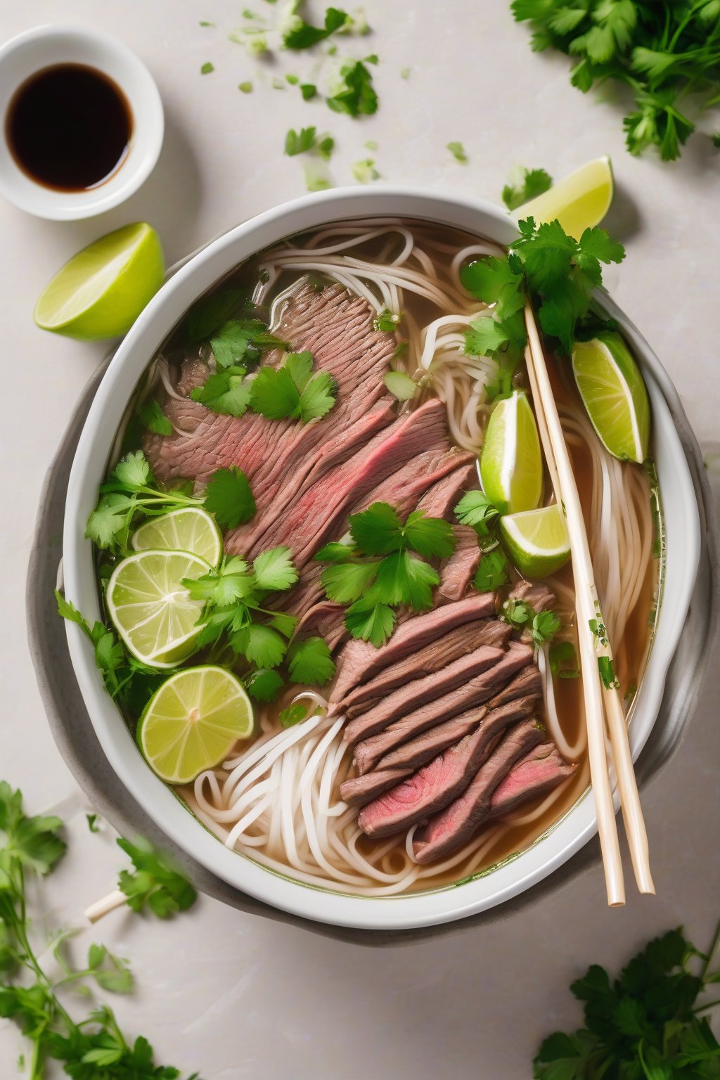 A high-resolution photo of a steaming bowl of classic beef pho with thin beef slices, fresh herbs, and lime wedges under soft lighting.