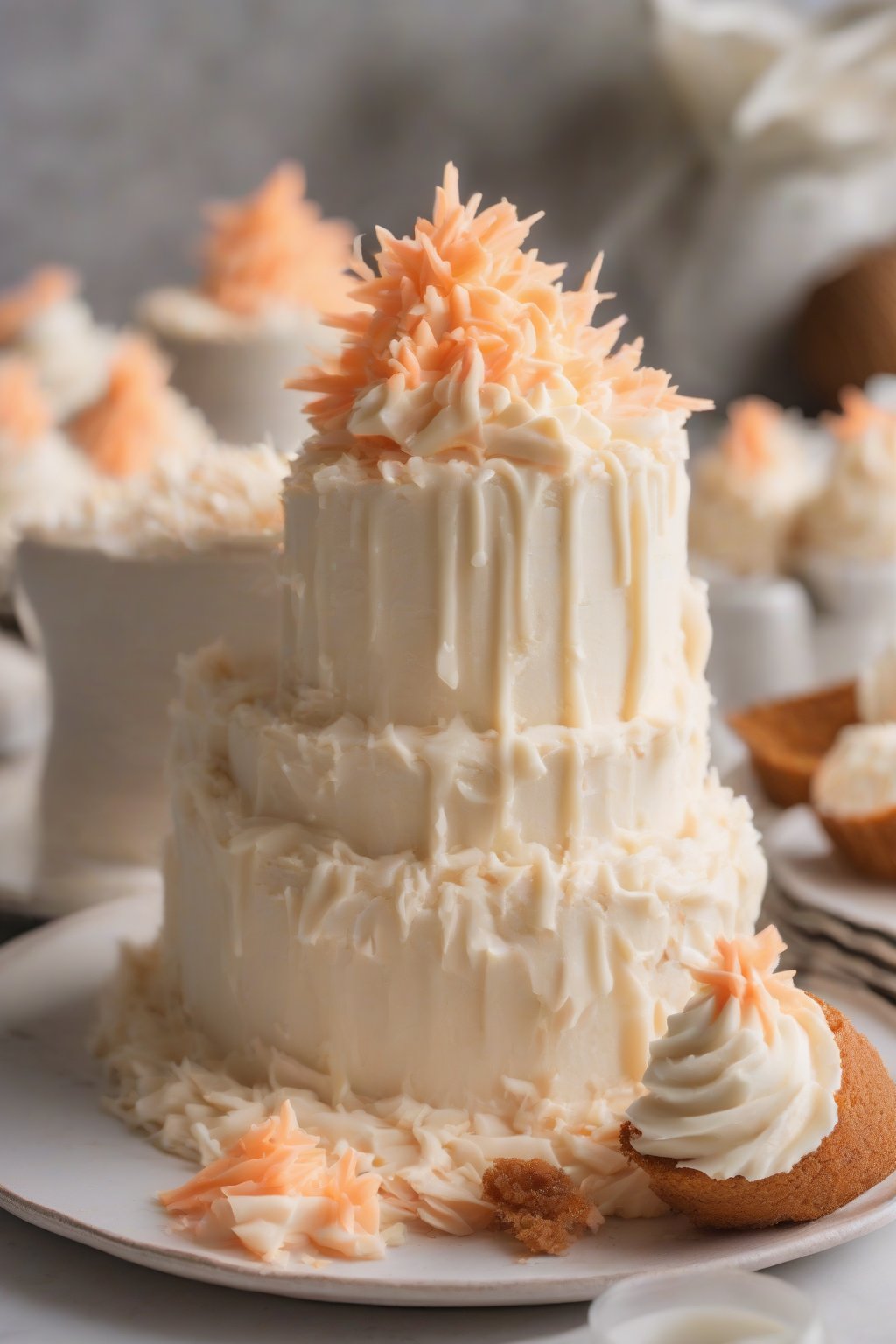 A high-resolution photo of tropical coconut buttercream piped on a carrot cake under soft lighting.