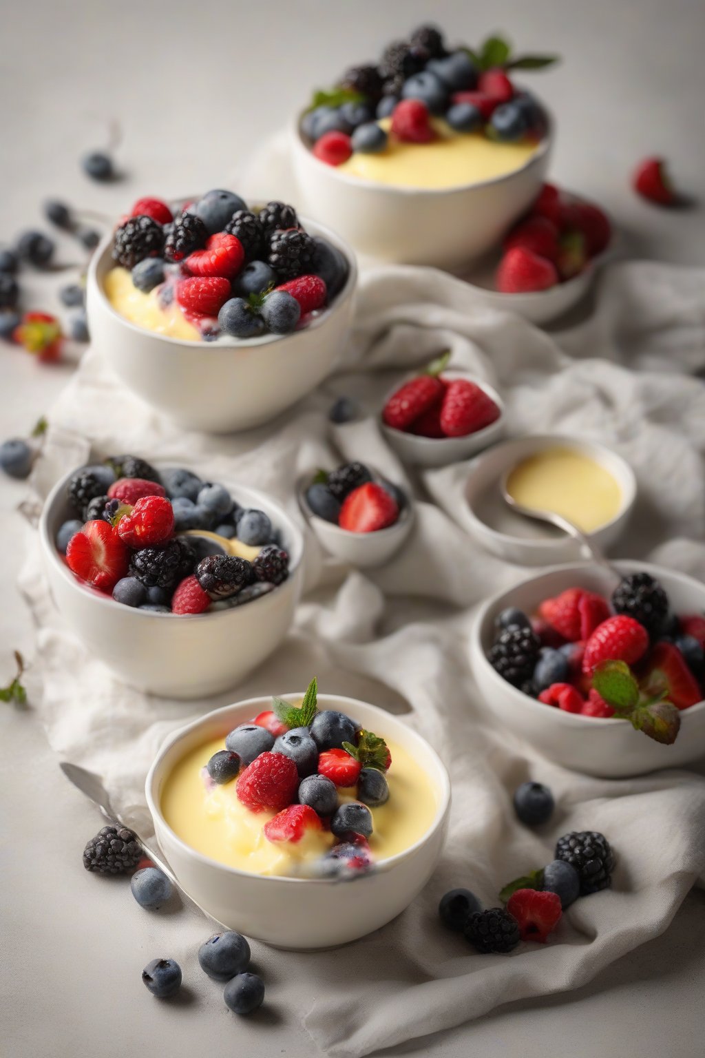 A high-resolution photo of a bowl of classic vanilla custard topped with fresh berries under soft lighting.
