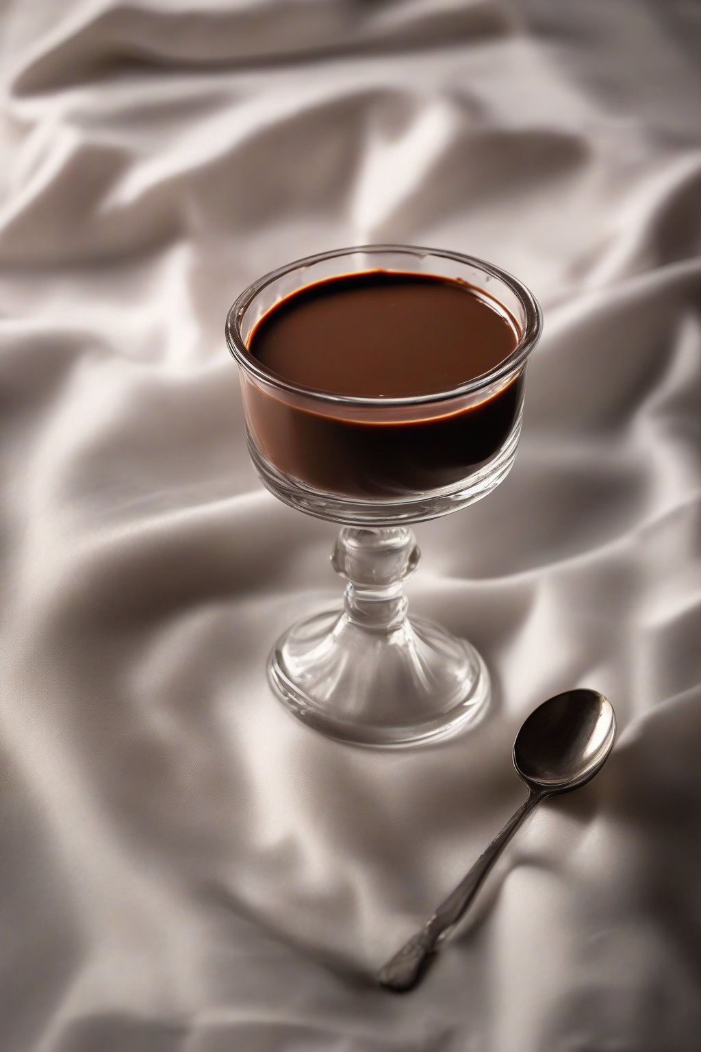 A high-resolution photo of silky chocolate custard in a glass ramekin with a shiny surface under soft lighting.