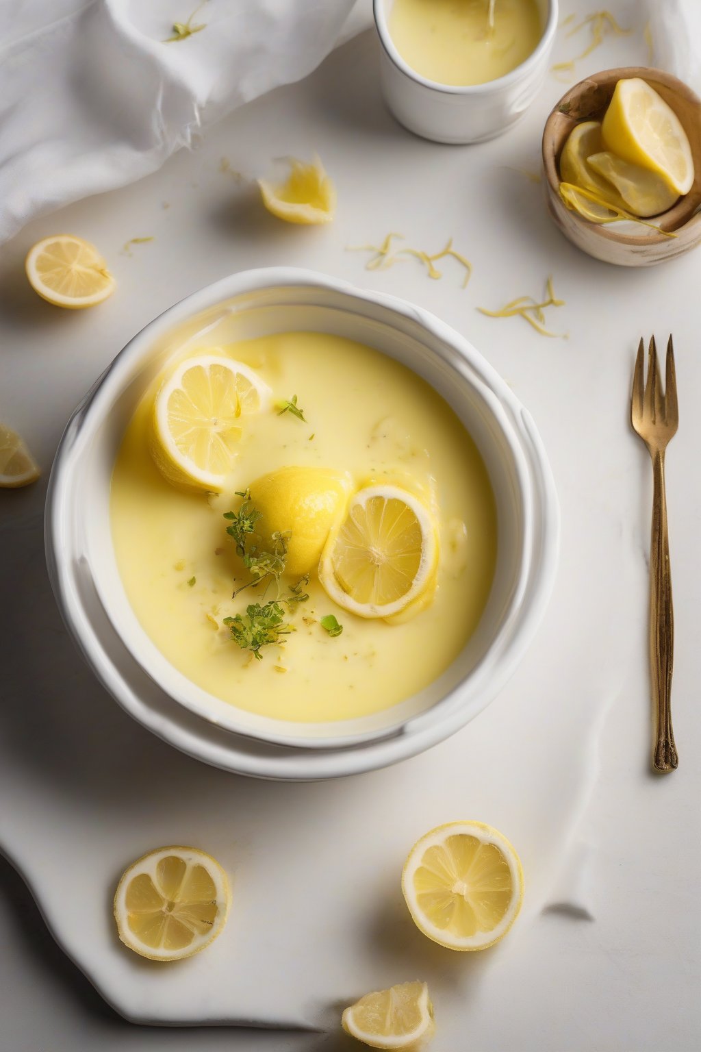 A high-resolution photo of zesty lemon custard in a white bowl garnished with lemon zest under soft lighting.