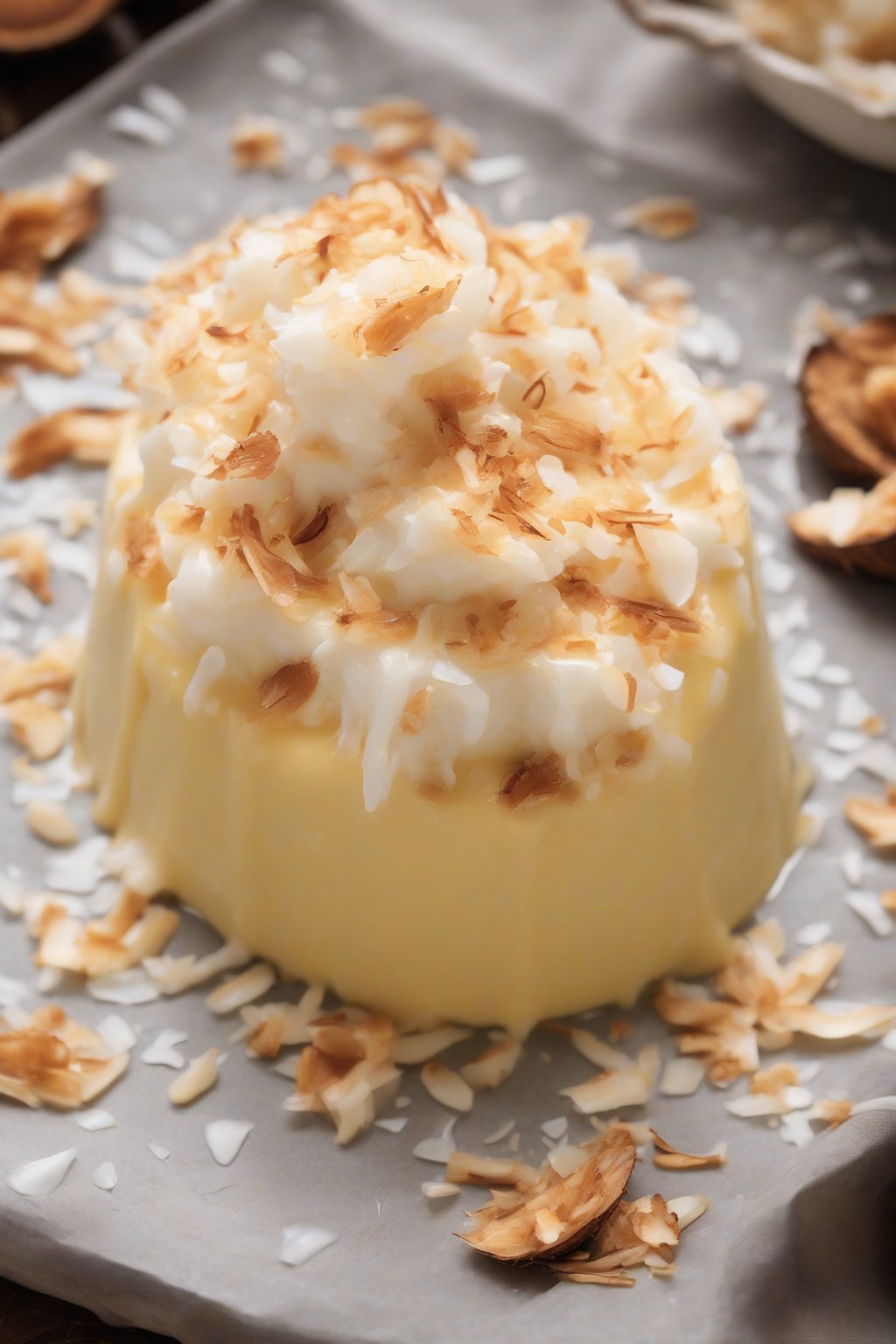 A high-resolution photo of tropical coconut custard topped with toasted coconut flakes under soft lighting.