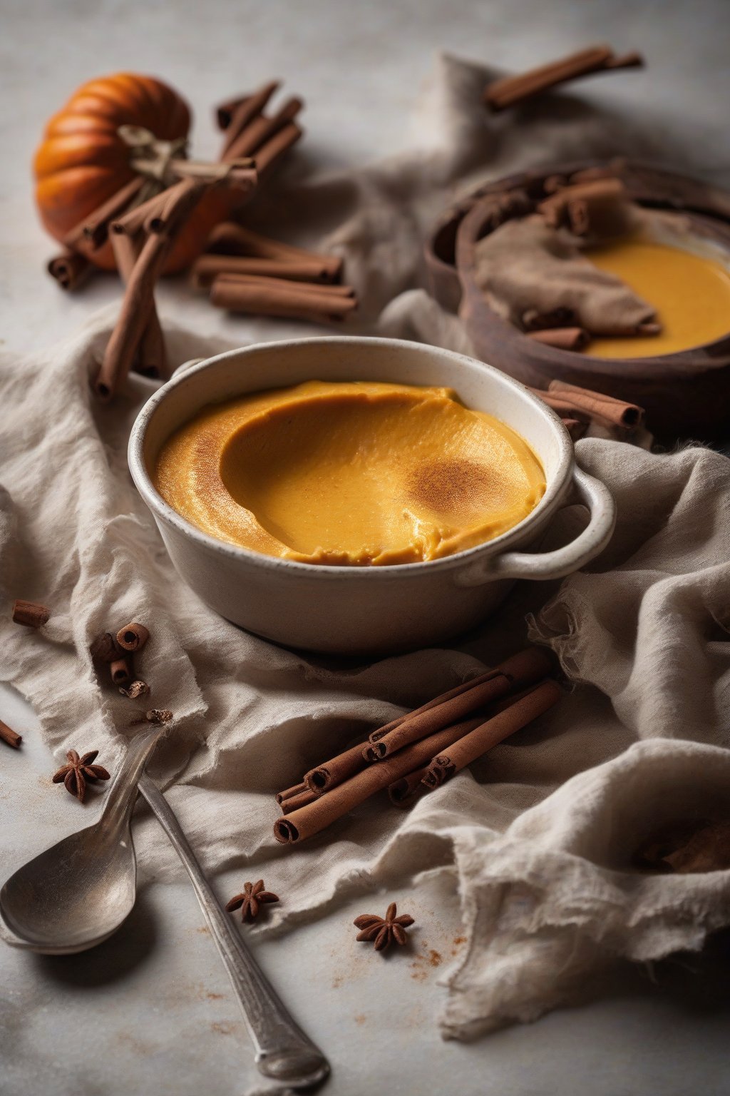 A high-resolution photo of spiced pumpkin custard in a rustic ramekin dusted with cinnamon under soft lighting.
