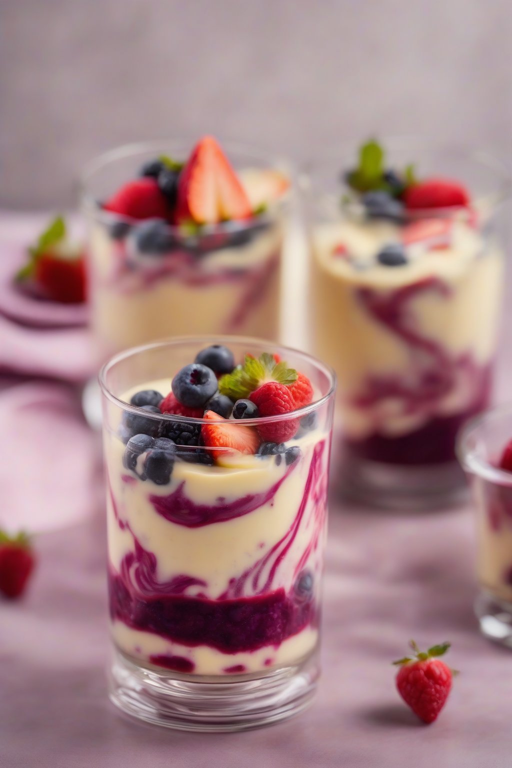A high-resolution photo of berry swirl custard in a tall glass with visible fruit layers under soft lighting.