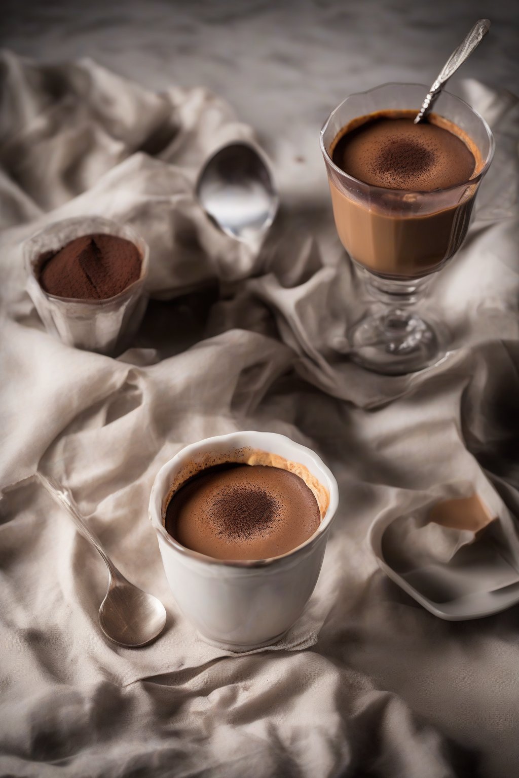A high-resolution photo of mocha coffee custard topped with cocoa powder in an elegant cup under soft lighting.