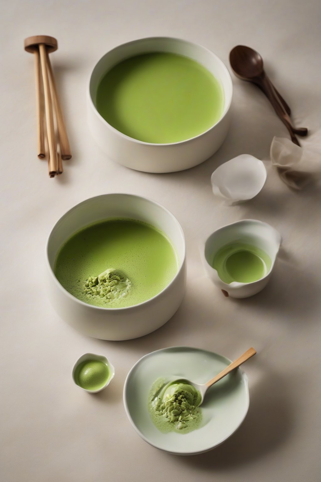 A high-resolution photo of matcha green tea custard in a modern bowl with a glossy green hue under soft lighting.