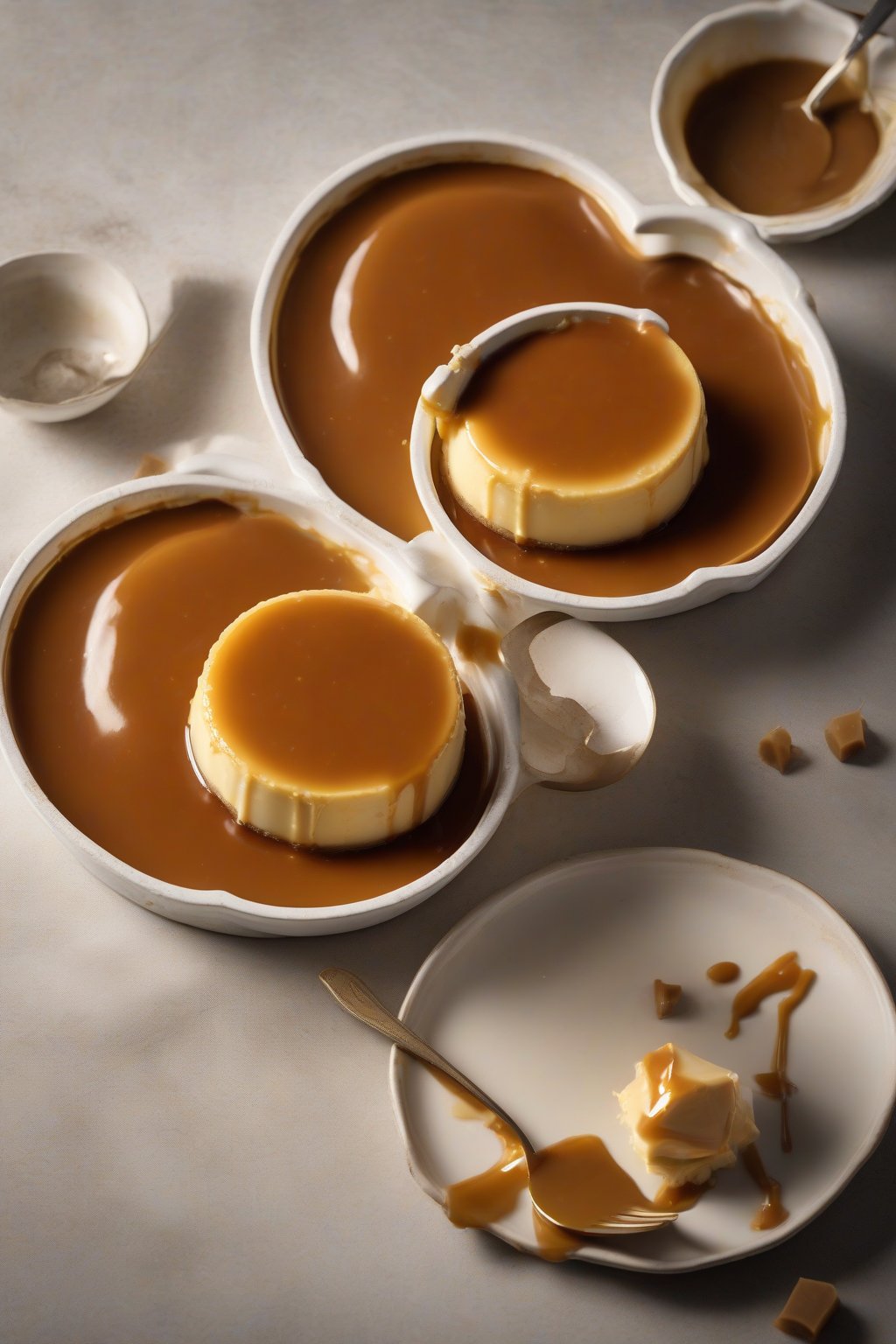 A high-resolution photo of salted caramel custard with a golden caramel top in a flan dish under soft lighting.