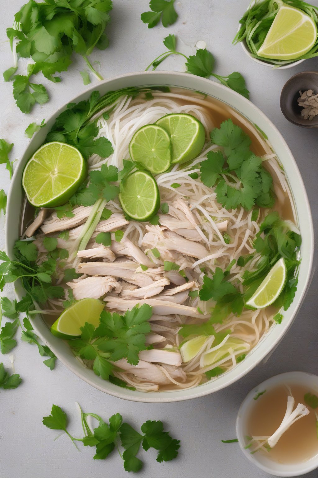 A high-resolution photo of chicken pho ga in a bowl with shredded chicken, vibrant green herbs, and lime slices under soft lighting.