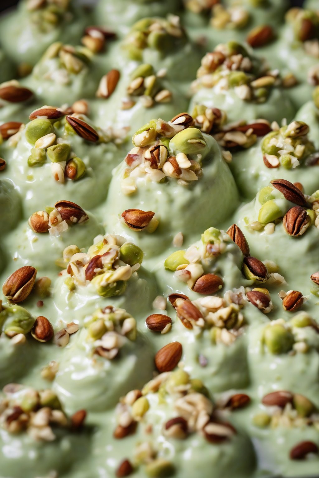 A high-resolution photo of nutty pistachio custard sprinkled with chopped nuts under soft lighting.