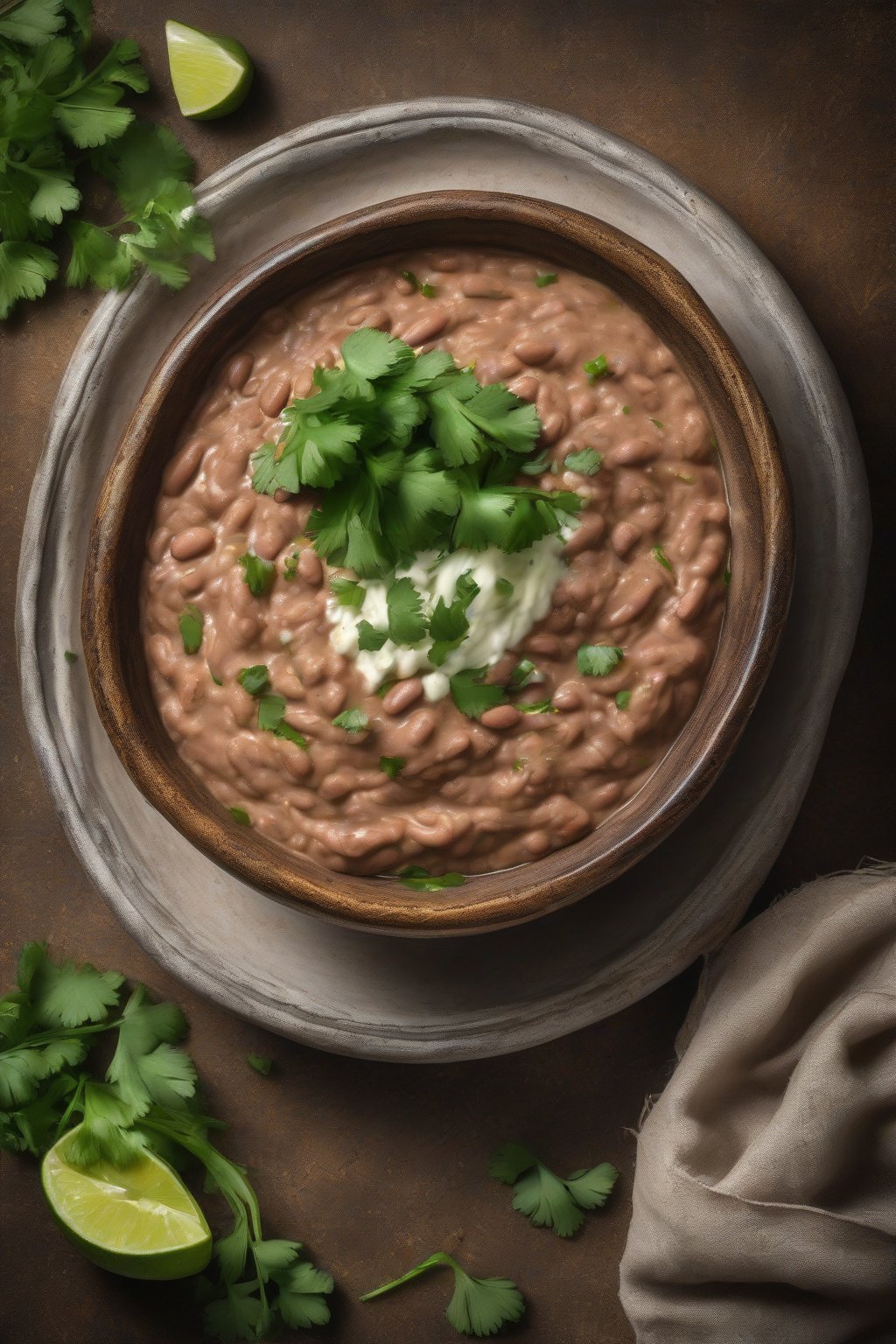 A high-resolution photo of classic smooth refried beans in a rustic bowl, garnished with fresh cilantro, under soft lighting.