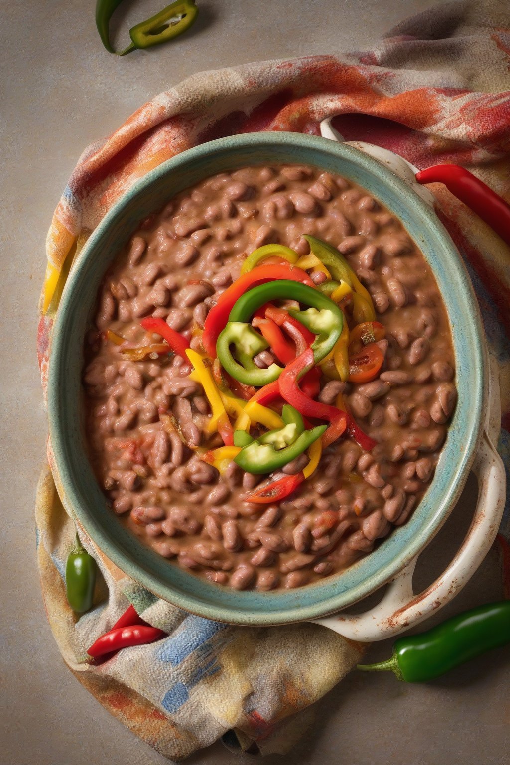 A high-resolution photo of spicy jalapeño smooth refried beans topped with sliced peppers, in a colorful ceramic dish, under soft lighting.