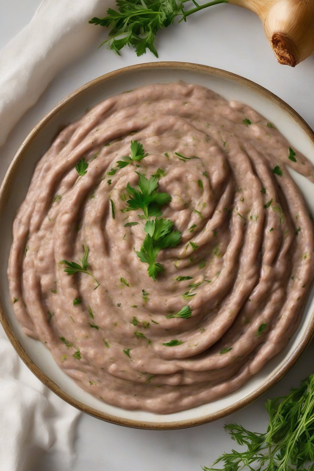 A high-resolution photo of garlic herb smooth refried beans swirled on a plate with herb sprigs, under soft lighting.